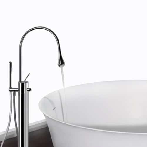 Gessi Goccia Freestanding bath spout in Chrome over a white bath