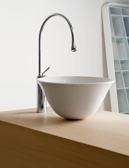Gessi Goccia Chrome Basin Mixer shown with Gessi Coccia Counter Washbasin in White