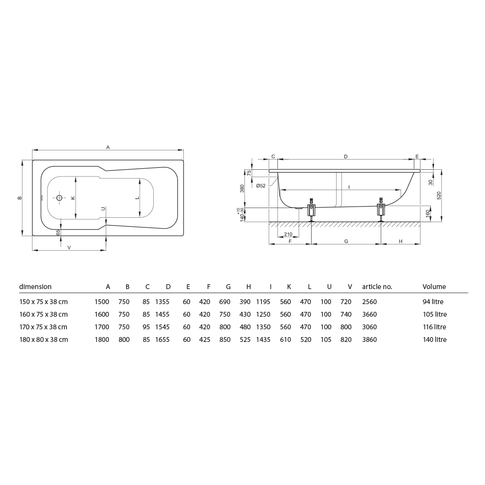 Bette Set 1800 Inset Built In Steel Bath - Image 2