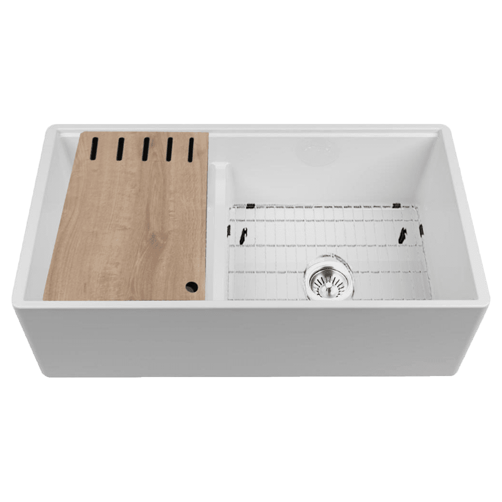 Chambord LEGRANDE Large Single & a Half Bowl Reversible Fireclay inc. Chopping Board and Sink Grid