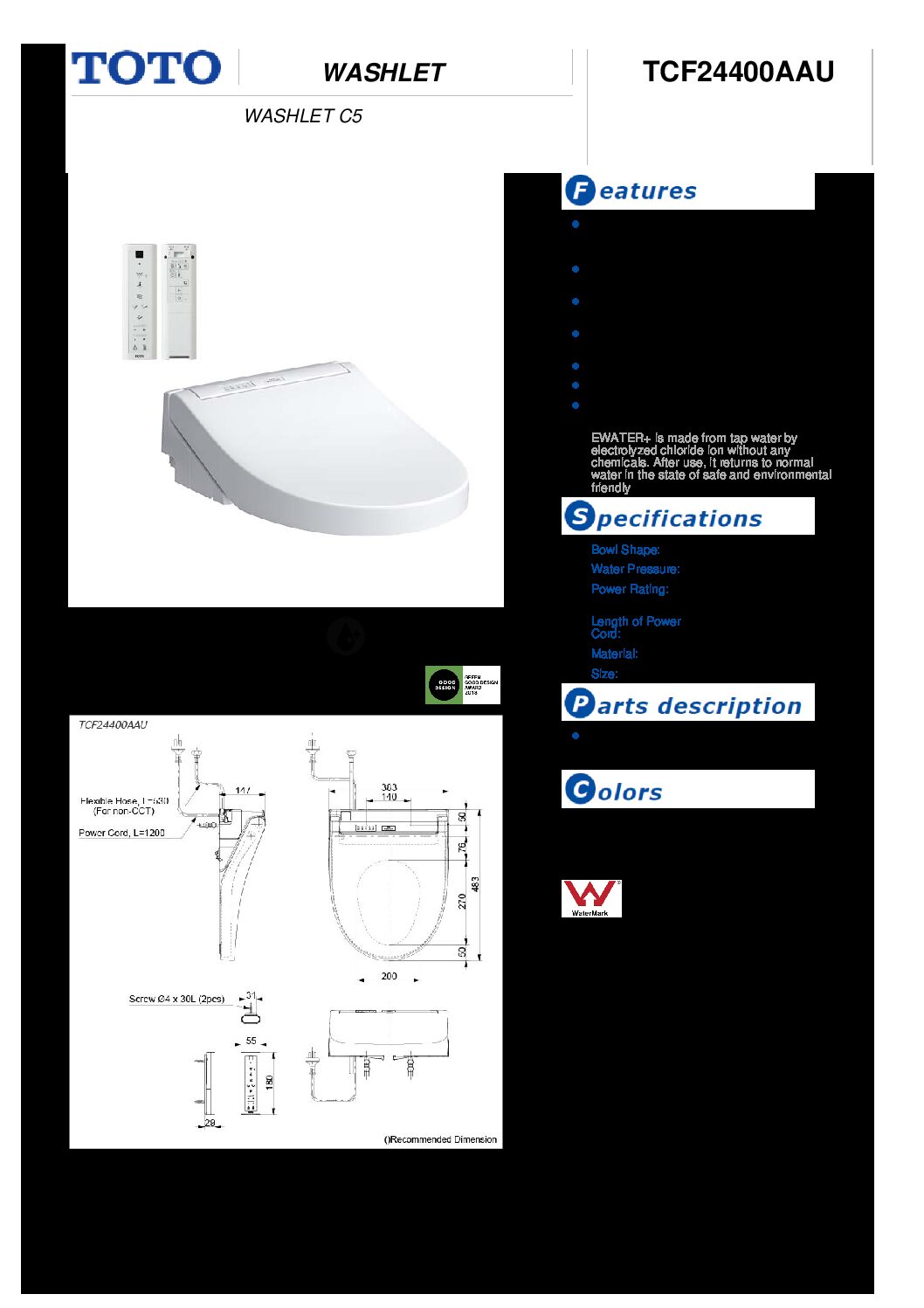 Toto Avante Wall Faced Toilet Pan with C5 Remote Control Washlet - Image 5