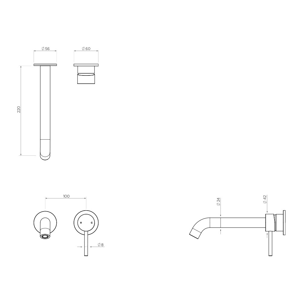 Axus Pin wall mount basin/bath mixer - 220mm spout (pin down) - Image 2