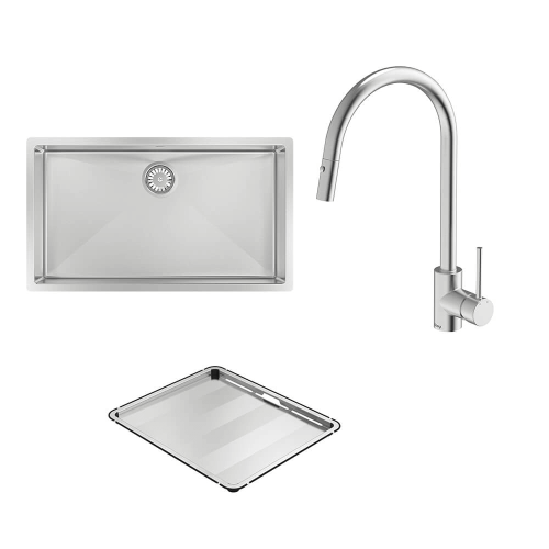 Abey Alfresco 700 Large Bowl Sink with Drain Tray & KTA037-316-BR Kitchen Mixer