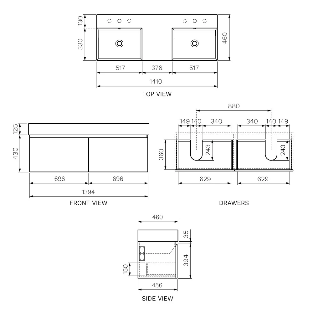 Parisi Rocki Twenty 1400 Wall Cabinet with Double Bowl Top - Image 2