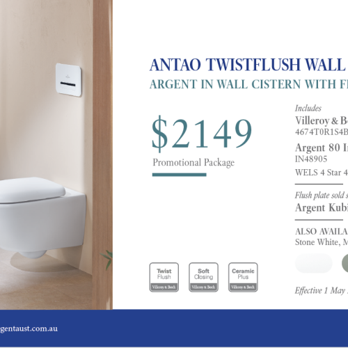Villeroy & Boch Antao TwistFlush Alpine White Wall Hung Package with Argent 80 Cistern